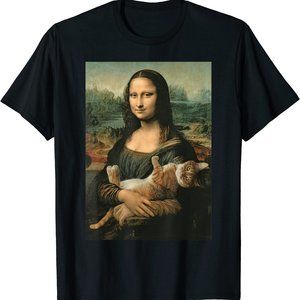Mona Lisa With Orange Cat Funny Art Painting T-Shirt S-5XL